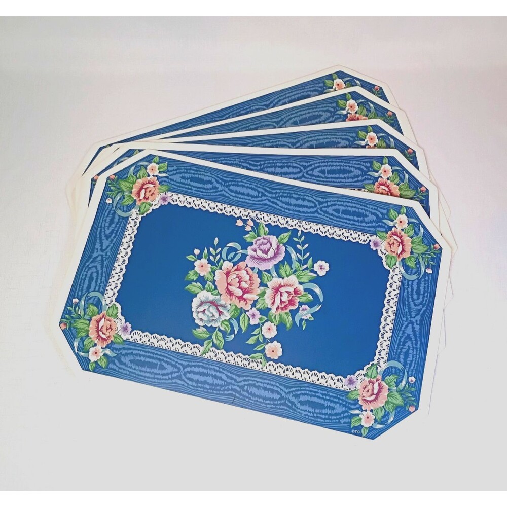 5 Vintage Town & Country Moire Bouquet Blue Floral Vinyl Wipe Clean Placemats
